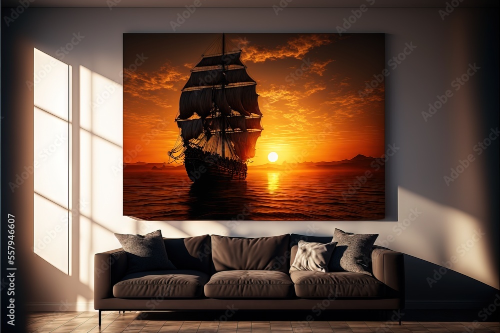 Aufkleber a living room with a couch and a painting of a ship in the ocean at sunset with the sun shining thro