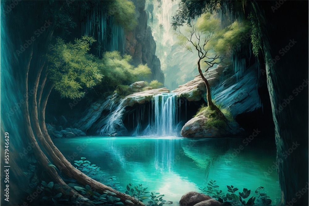 Poster a painting of a waterfall in a forest next to a lake with a tree in the foreground and a waterfall i