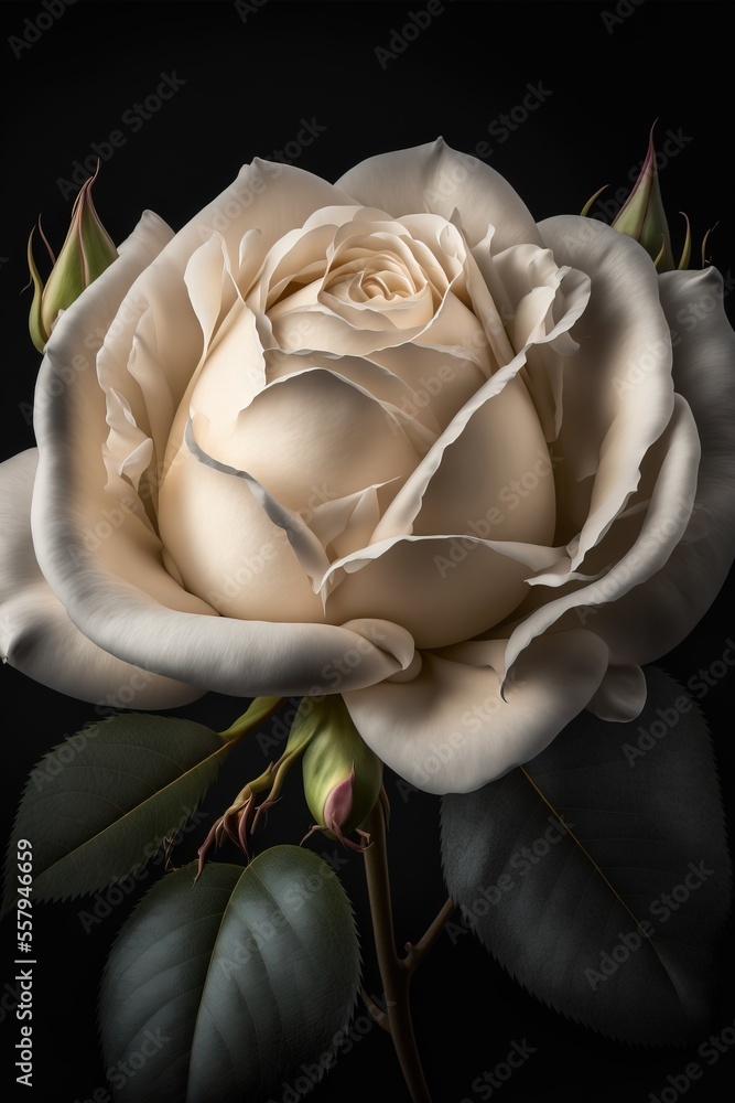 Poster a white rose with green leaves on a black background with a reflection of the flower on the surface 