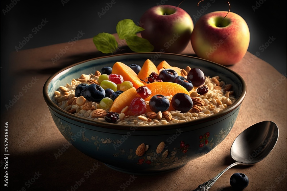 Poster a bowl of oatmeal with fruit and nuts on a table with a spoon and two apples and a spoon on the side
