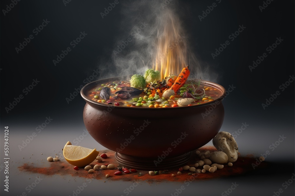 Poster a bowl of food with a fire in the middle of it and a slice of lemon on the side of the bowl and a pi