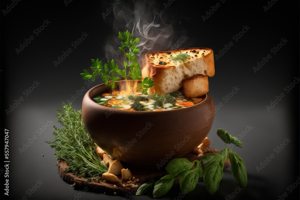 Poster  a bowl of soup with bread and vegetables on a table with smoke coming out of the bowl and a piece of bread in the bowl on top of the bowl with a sprig. Generative AI