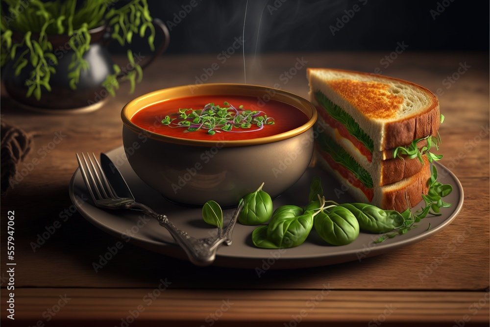 Poster a painting of a sandwich and soup on a plate with a fork and knife next to it on a wooden table with