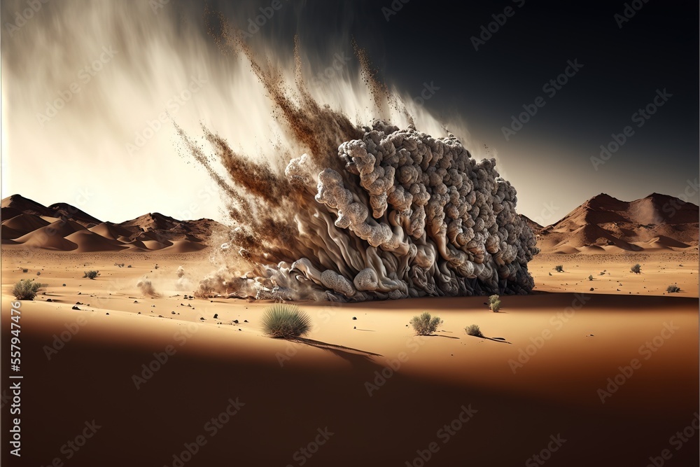 Poster a large rock in the middle of a desert with a lot of dust coming out of it and a few bushes in the f