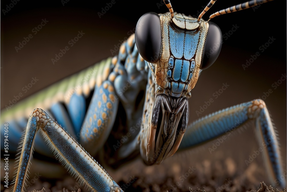 Poster a close up of a blue and black insect on a brown background with a black background and a black back