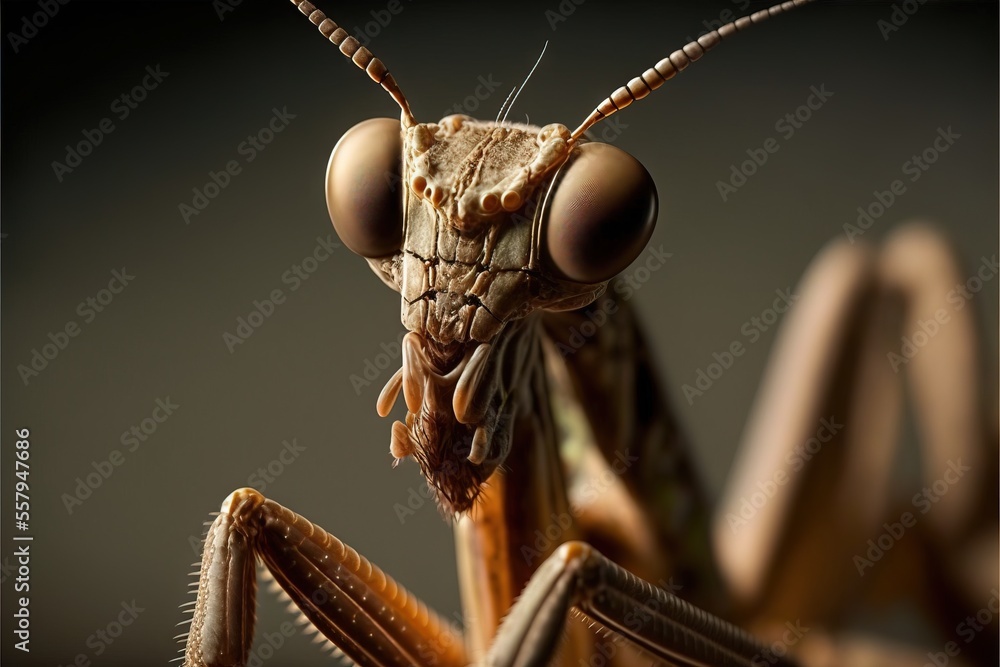 Aufkleber a close up of a praying mantissa on a dark background with a black background and a light reflection