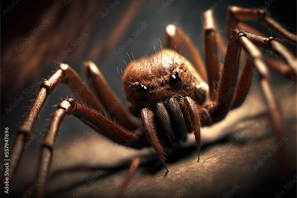 Poster a close up of a spider on a surface with a blurry back ground and a dark back ground with a blurry b