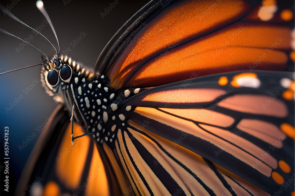 Wall mural a close up of a butterfly on a black background with a blurry back ground and a blue sky in the back