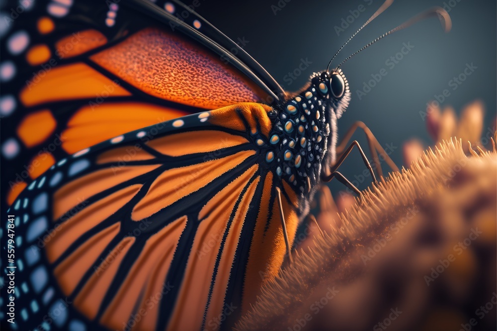 Poster a close up of a butterfly on a flower with a black background and a blurry image of a butterfly on a