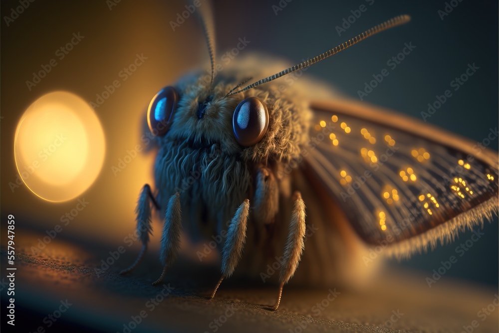 Poster a close up of a bug on a table with a blurry light in the back ground behind it and a blurry light i