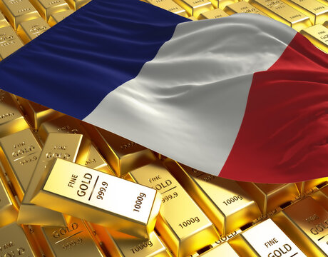 France national country flag on Golden ingots bars pyramid plate national foreign-exchange reserve banking economy system 3d rendering image concept
