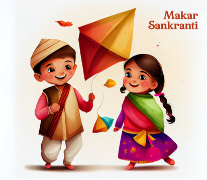 Illustration of Happy Makar Sankranti with colorful kite string for festival of India. Generating Ai.