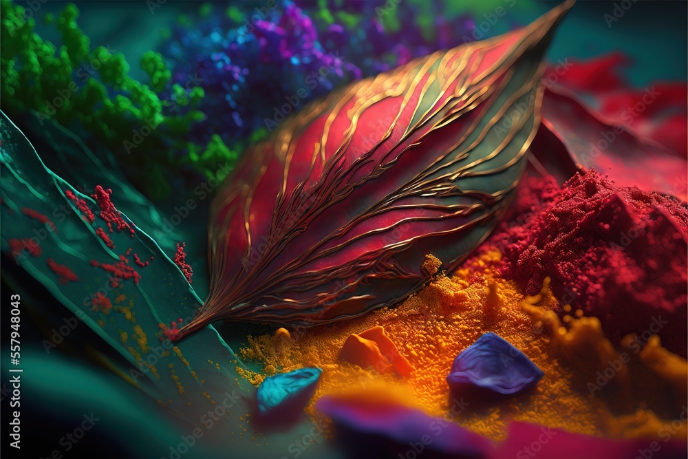 Poster  a close up of a leaf on a table with colored powders around it and a rock in the foreground with a blue sky in the background and a green. Generative AI