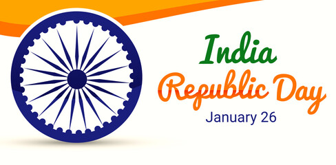 India Republic Day Banner design with typography and a blue wheel on the side. Indian patriotic federal holiday backdrop concept