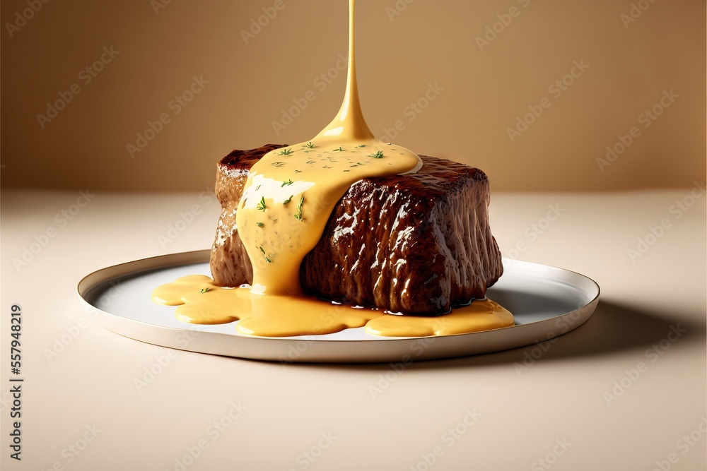Poster a piece of cake on a plate with a sauce drizzled over it and a fork sticking out of it on a plate wi