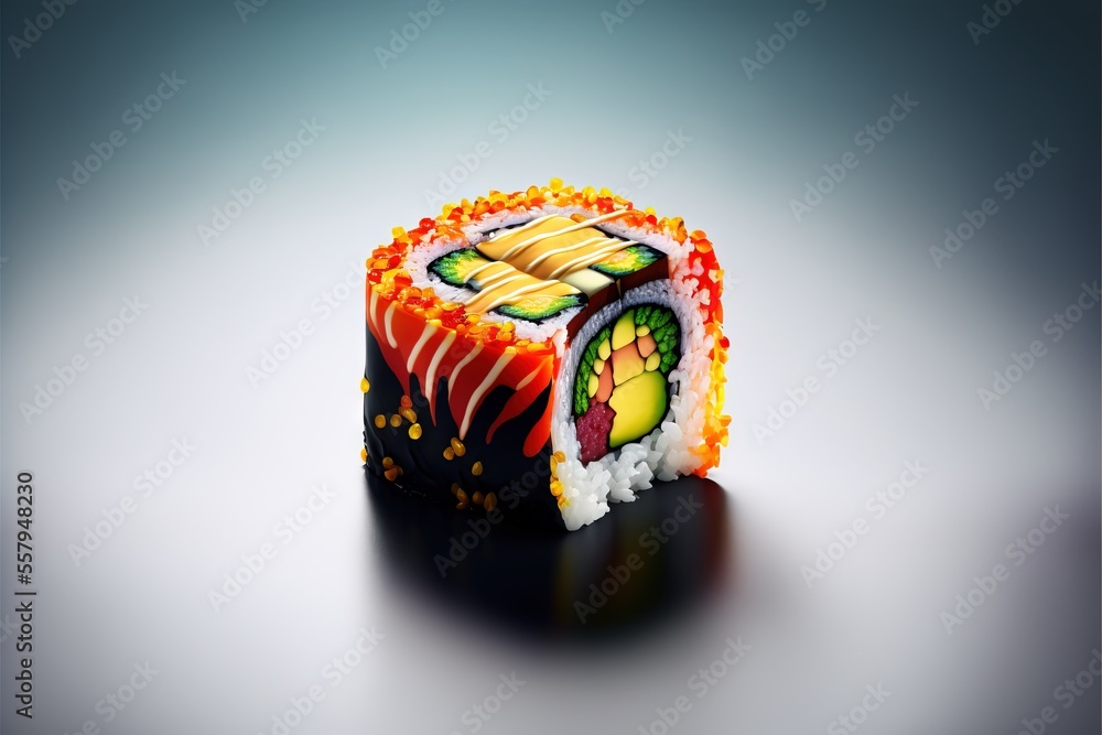Poster a colorful sushi roll is sitting on a table with a shadow on the ground and a gray background behind