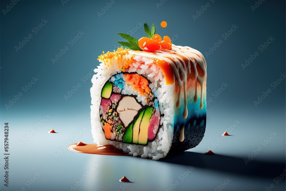Poster a piece of sushi with a colorful design on it and a cherry on top of the rest of the sushi. generati