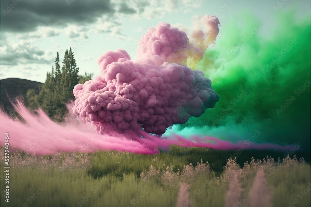 Poster a colorful cloud of smoke is in the air above a field of grass and trees in the background. generati