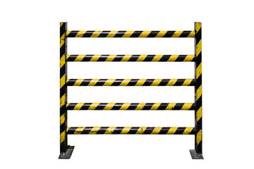 A protective yellow-and-black barrier, near a dirty white wall, isolated on a white background. Concept of quarantine and protection from coronavirus