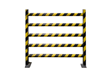 A protective yellow-and-black barrier, near a dirty white wall, isolated on a white background. Concept of quarantine and protection from coronavirus