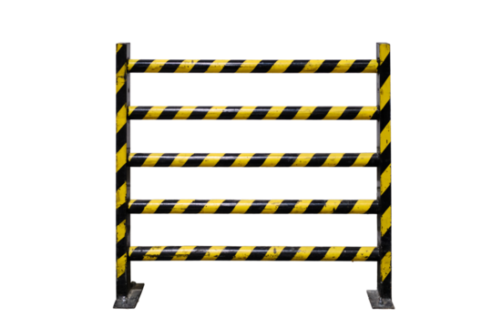 A protective yellow-and-black barrier, near a dirty white wall, isolated on a white background. Concept of quarantine and protection from coronavirus