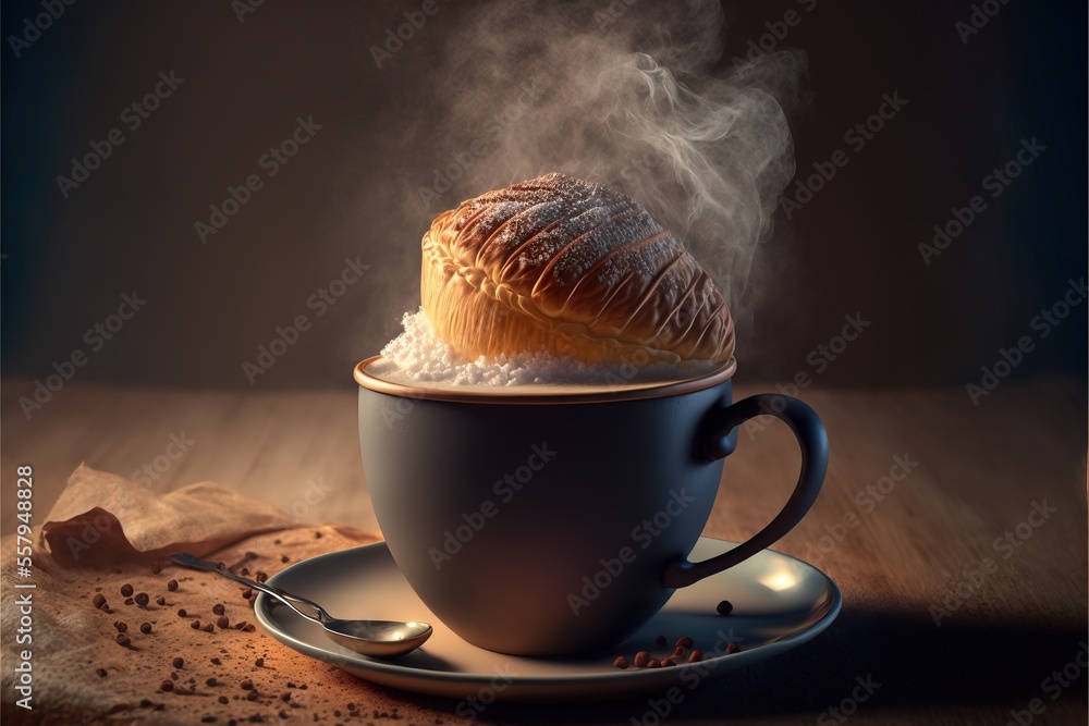Poster  a cup of coffee with a croissant in it and steam rising out of it on a saucer on a wooden table with a napkin and a spoon on a cloth with a napkin. Generative AI