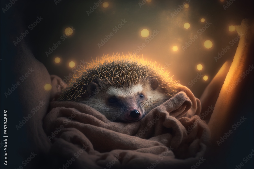 Poster a hedgehog curled up in a blanket with a light shining on it's back and head resting on it's back. g