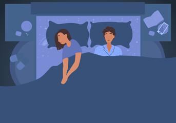 Couple sleeping cartoon flat vector illustration. Bed, man, woman, bedroom, family lifestyle, wife husband, home together couple sleeping character.