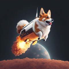 Corgi flying in the space through the stars near the moon with a view on planet earth