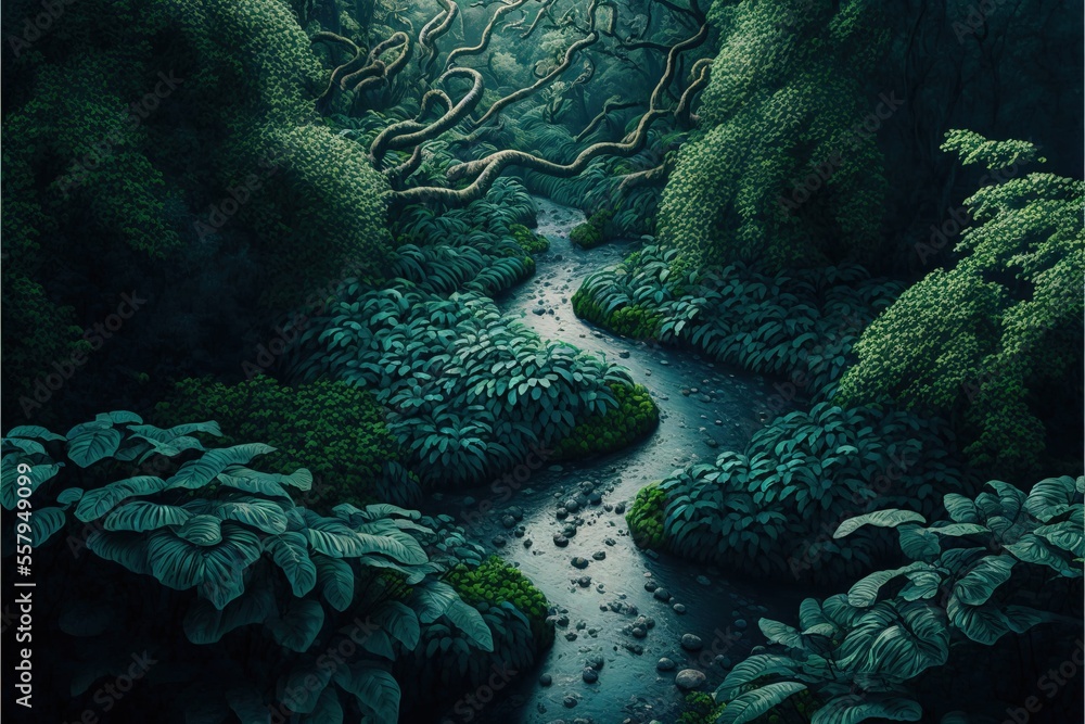 Poster a painting of a stream in a forest with trees and bushes on either side of it and a sun shining down