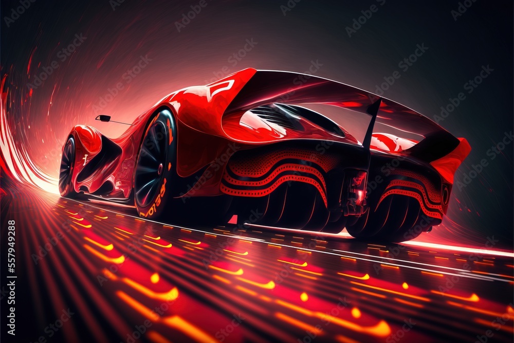 Poster a red sports car driving through a tunnel of red light with a black background and a black backgroun