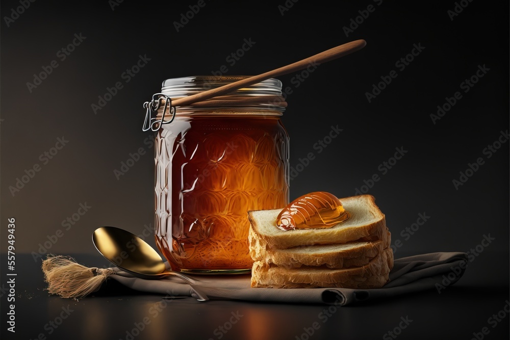 Poster a jar of honey and a piece of bread on a table with a spoon and a spoon rest on a napkin with a hone