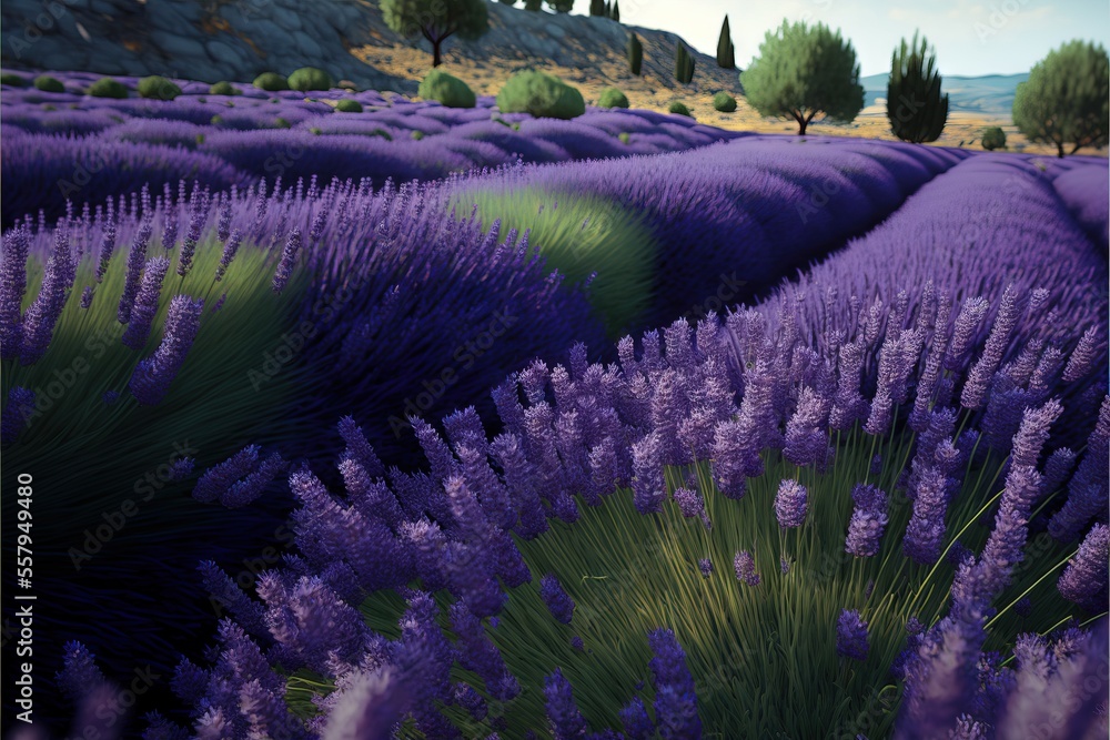 Poster a field of lavender flowers with trees in the background and a hill in the distance with a blue sky 
