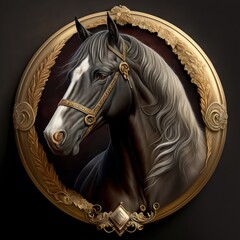  a painting of a black horse in a gold frame on a black background with a gold border around the horse's head and the horse's head is wearing a golden crown. Generative AI