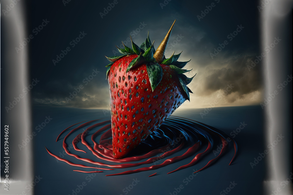 Poster a red strawberry with a horn sticking out of it's center surrounded by a circle of red liquid on a b