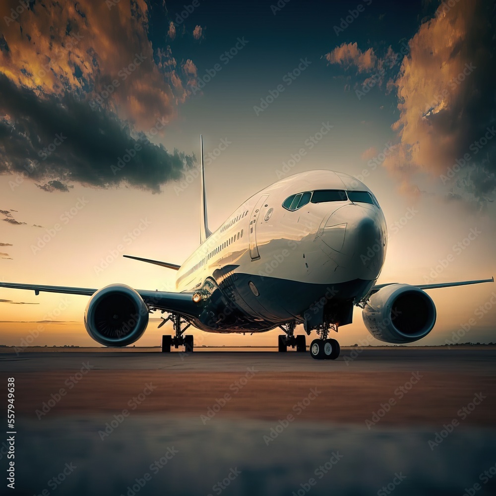 Poster a large jetliner sitting on top of an airport tarmac at sunset with clouds in the sky behind it and 