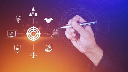 Hand pointing the icon virtual screen of Digital target marketing advertising and sales increase business technology concept, online marketing, E-business, Ecommerce, Business online.