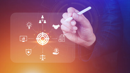 Fototapeta premium Hand pointing the icon virtual screen of Digital target marketing advertising and sales increase business technology concept, online marketing, E-business, Ecommerce, Business online.