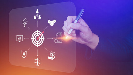 Hand pointing the icon virtual screen of Digital target marketing advertising and sales increase business technology concept, online marketing, E-business, Ecommerce, Business online.