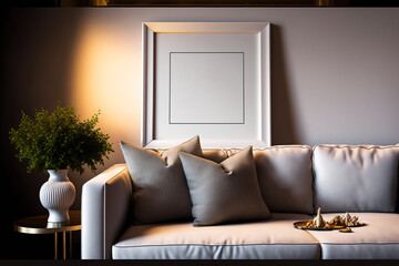 Square white picture frame on the living room wall above the sofa. Living room decor. Picture frame mockup template.