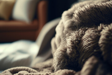 Fluffy and comfy winter blanket. Warm beige blanket.