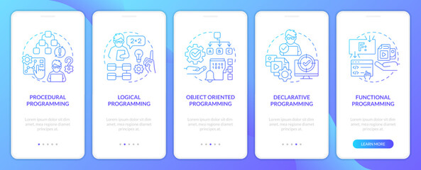 Programming styles types blue gradient onboarding mobile app screen. Coding walkthrough 5 steps graphic instructions with linear concepts. UI, UX, GUI template. Myriad Pro-Bold, Regular fonts used