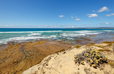 A beautiful view over the coastline of Witsand, South Africa, with blue skies and sunny weather.