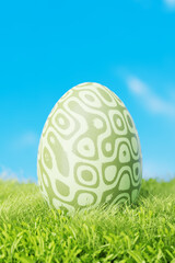 Easter egg in the grass in the meadow. Green Easter egg with patterns in the grass. 3d render.