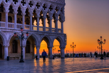 Doge Palace and Piazza San Marco at sunrise in Venice, Italy.