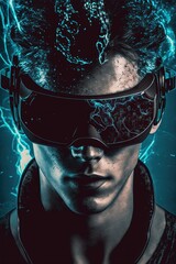 Man with VR glasses, person in virtual reality, futuristic portrait, handsome man with glasses, generative ai art