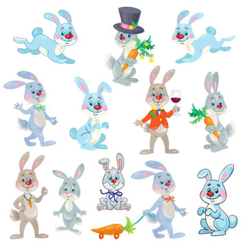 Collection of funny rabbits. Different poses, accessoires and emotions. In cartoon style. Isolated on white background. Vector flat illustration.