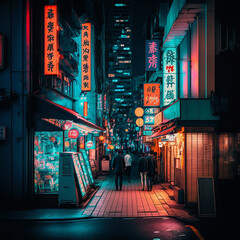 Obraz premium Neon street in Japan. Generative AI.