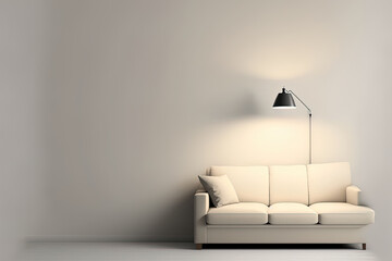 A simple living room with a lamp with a beige sofa against a white background and an empty wall with copy space. Generative AI