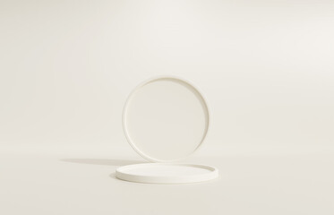 3D display podium, beige background with pedestal. Beauty, cosmetic product presentation stand. Luxury feminine mockup 3d render advertisement